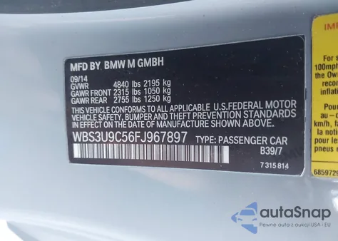 2015 BMW M4 z USA, uszkodzony, nr VIN WBS3U9C56FJ967897